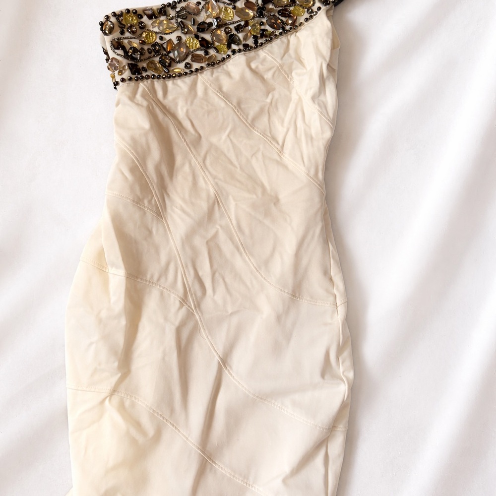 Bebe Cream One Shoulder Dress with Beaded Detail